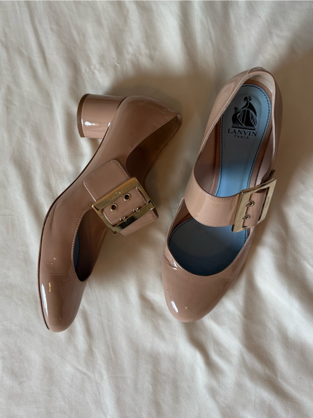LANVIN | Blush Patent Leather Buckle Block Mary Jane Heels | 38